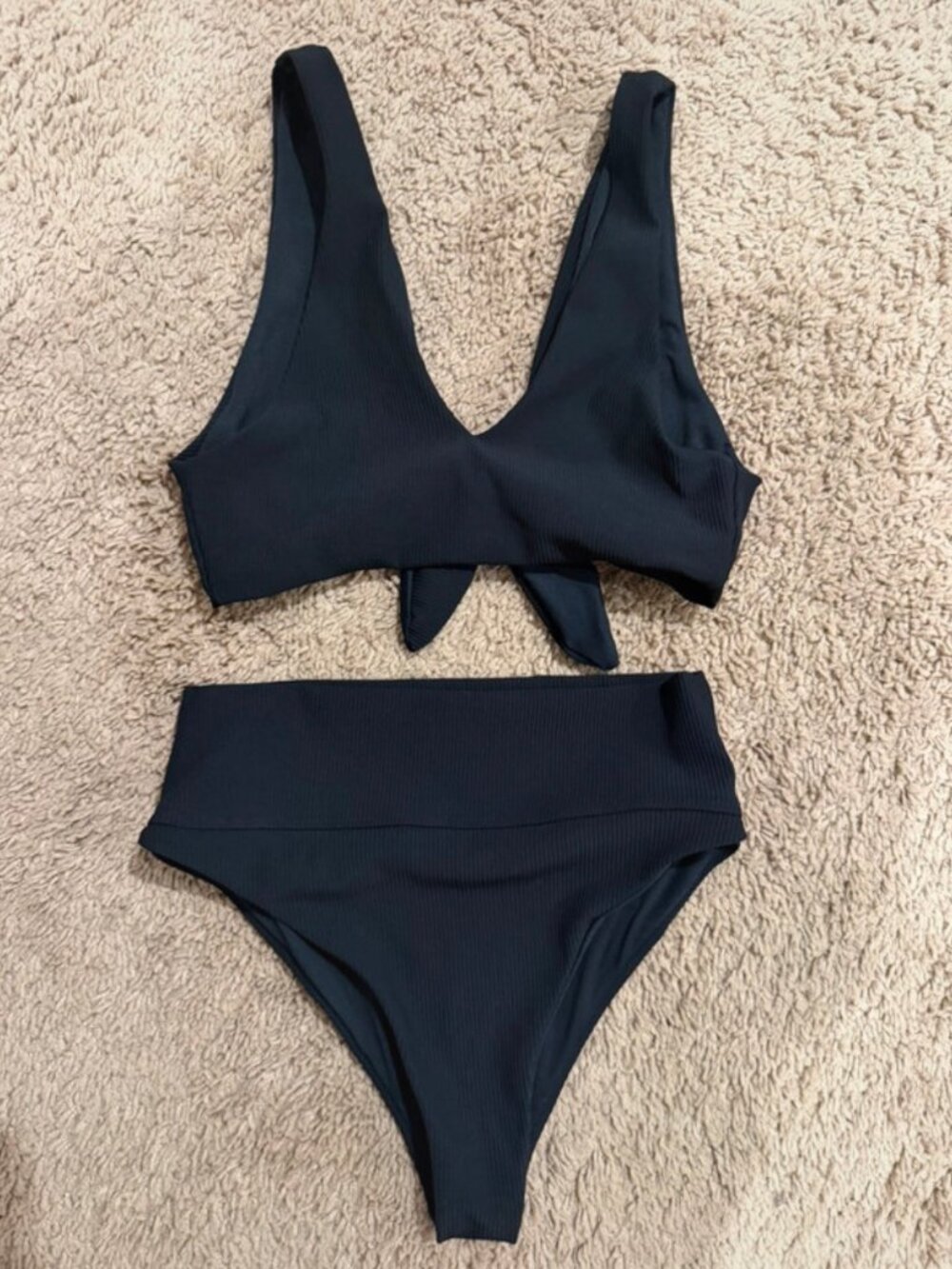 House of Harlow 1960 Black Ribbed Bikini Set Size S - Plunge Top High-Waist